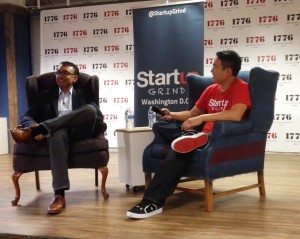 MicroStrategy co-founder Sanju Bansal (l) and Startup Grind DC director Brian Park (r).